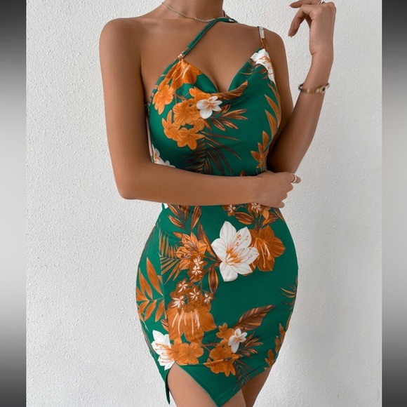 Boho Tropical Print One Shoulder cowl Neck Bodycon Fitted Mini Dress Pink - Picture 6 of 6